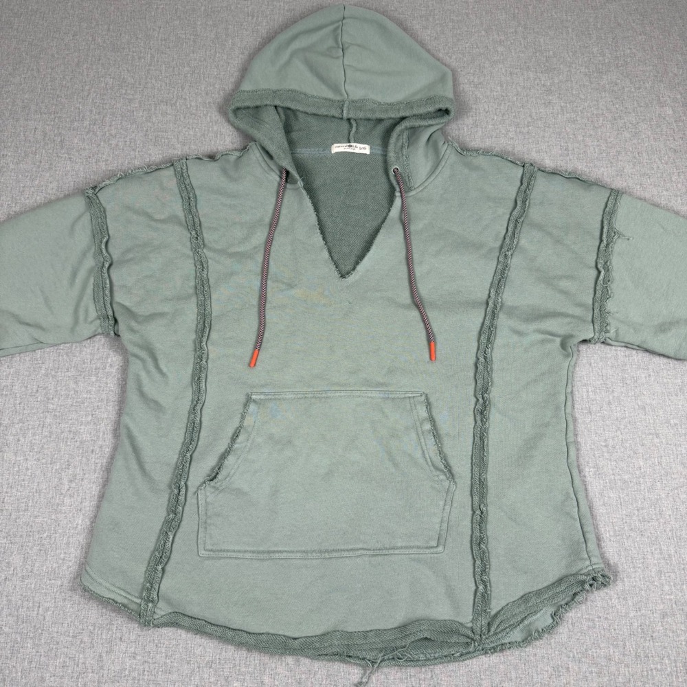 Natural Life Green Raw Hem V-Neck Hoodie Sweatshirt L/XL Boho Oversized Cotton - Picture 3 of 8